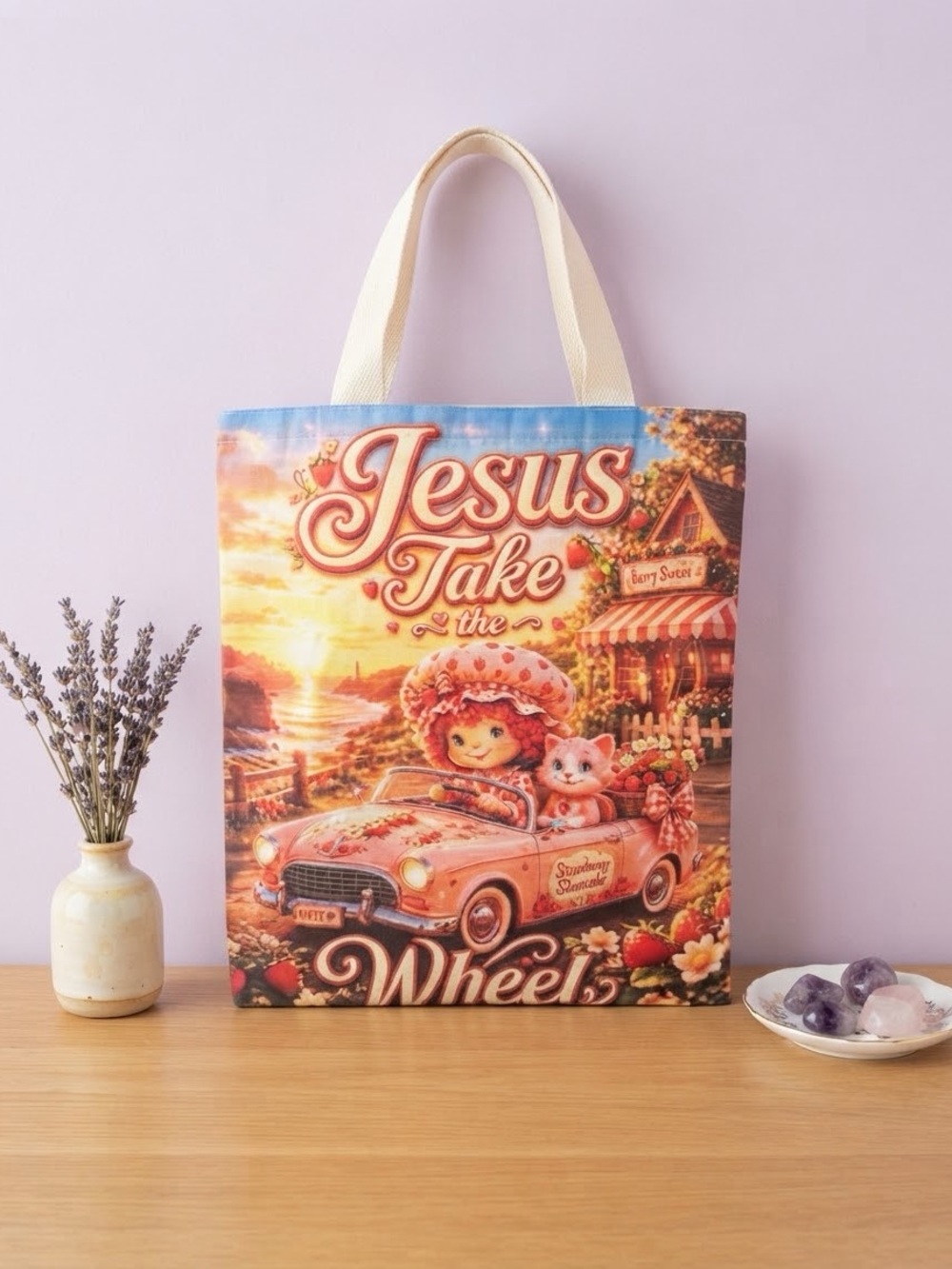 Jesus Take the Wheel Illustrated Canvas Tote Bag - Cream Handles
